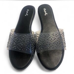 Qupid Clear Slides Sandals Black Rhinestone Crystal Accents Size 10 NWOB